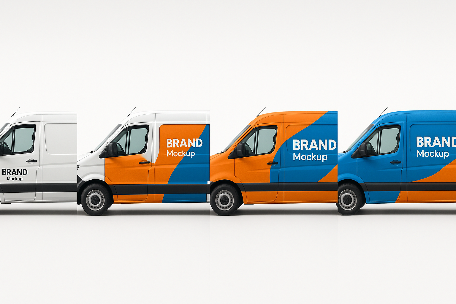 Fire niveauer af bilreklame fra simpelt logo til fuld foliering vist side om side