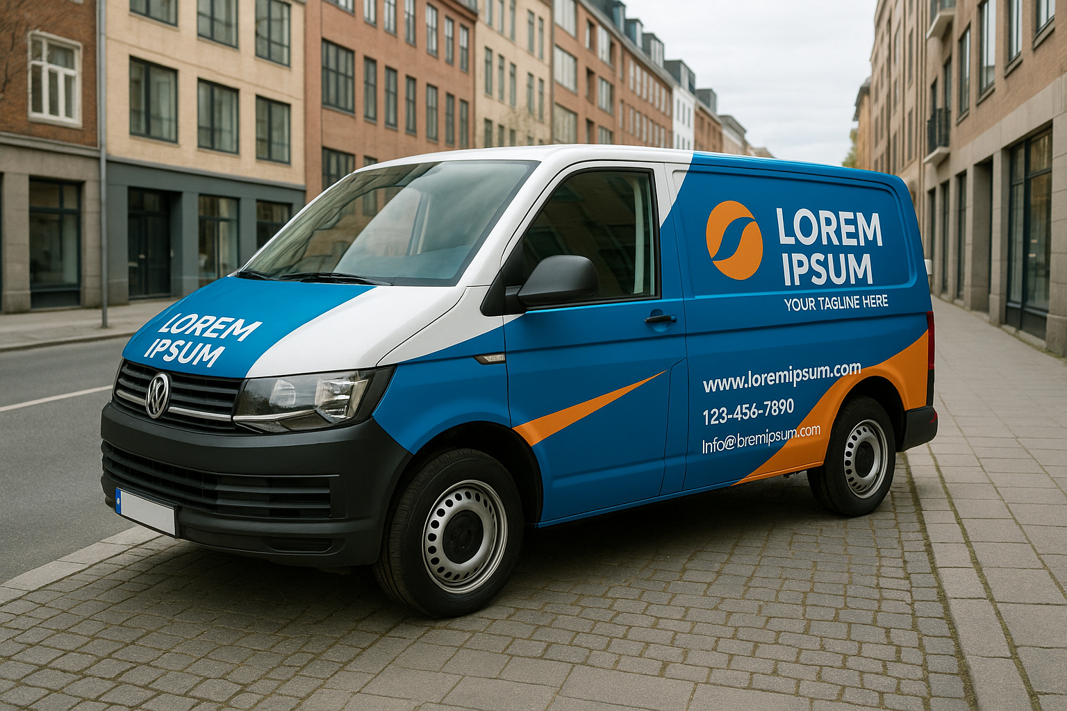 Varevogn med delvis bilreklame i blå og orange farver parkeret i dansk bymiljø