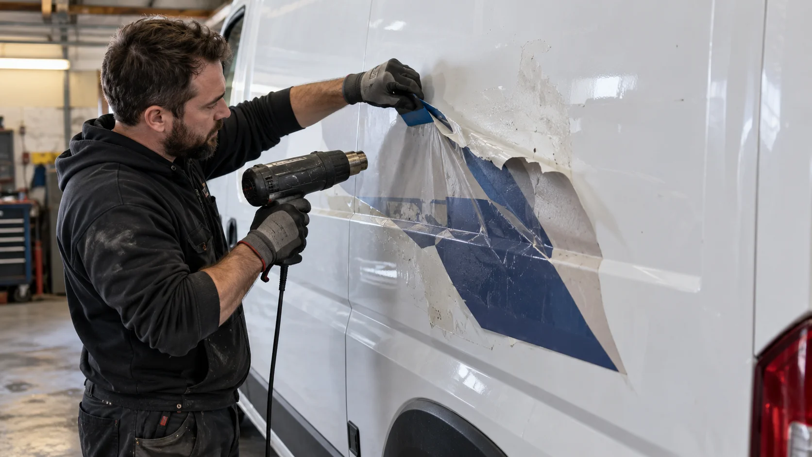 Montør fjerner gammelt folielogo fra en hvid varevogn med varmepistol og plastskraber