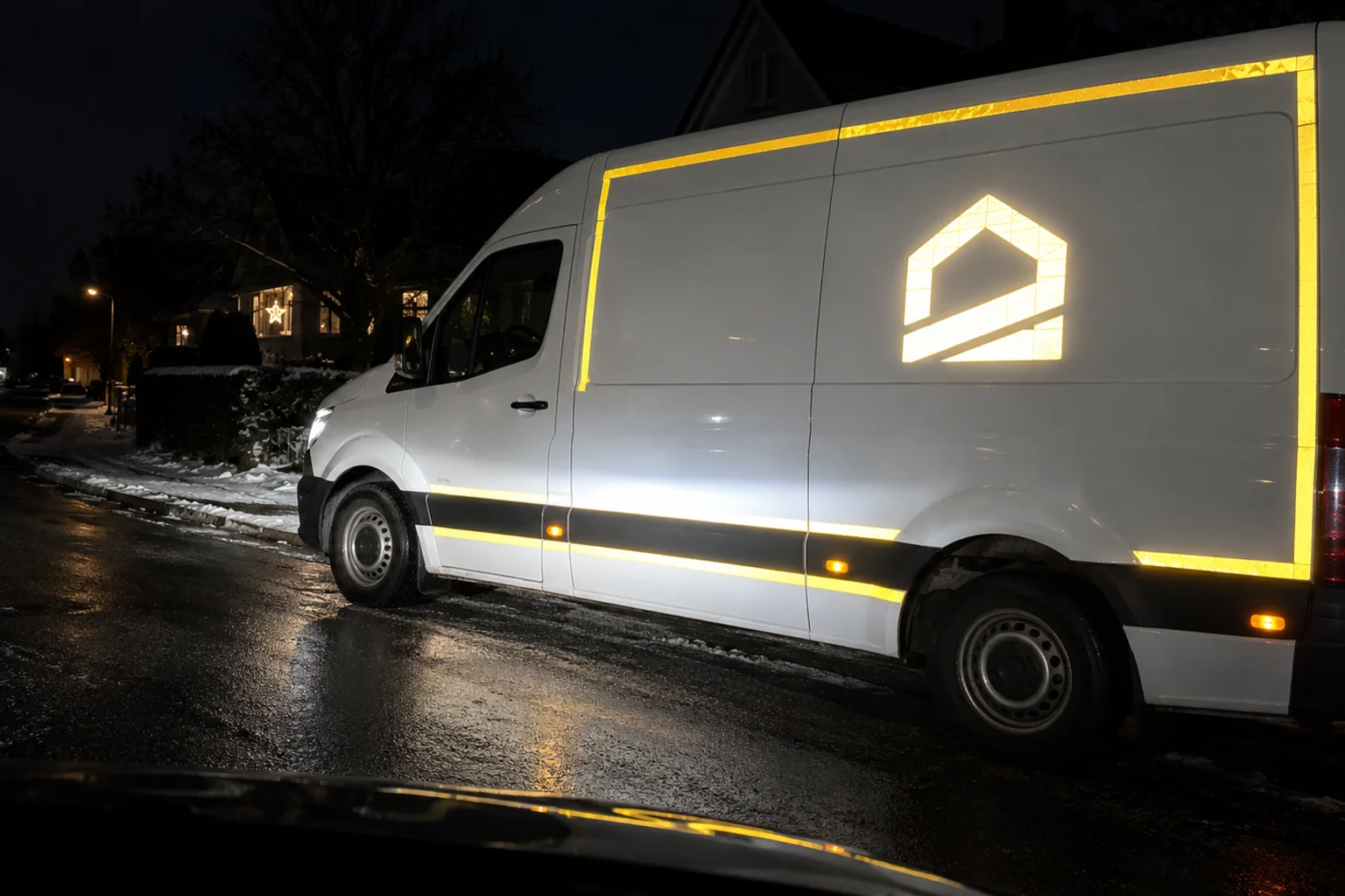 Reflekterende reklame på varevogn om natten, logo inden for gul konturafmærkning